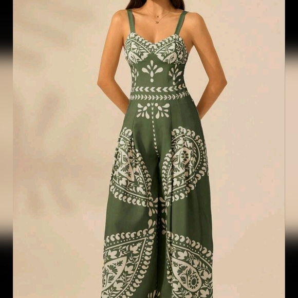 Resort Boho Tropical Print Sleeveless Strap Wide Leg Jumpsuit, Green And Beige - Picture 2 of 6